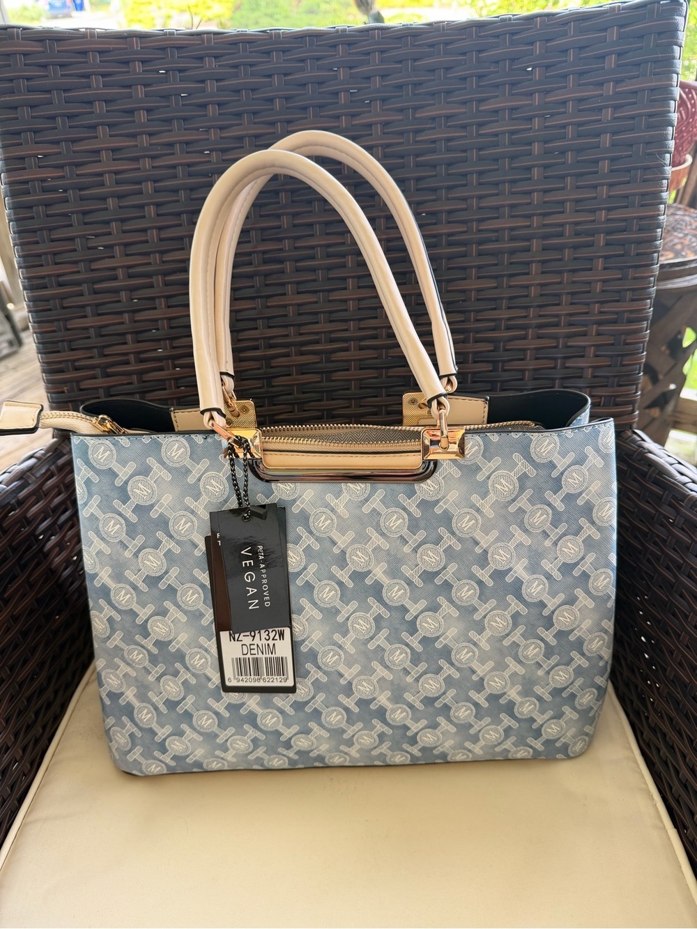 Denim Monogram Satchel with Cream Handles